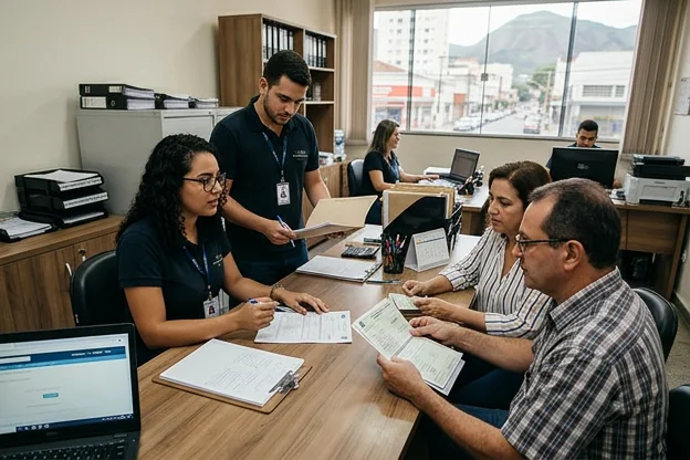 Equipe auxiliando cliente na transferência de veículo em um despachante.