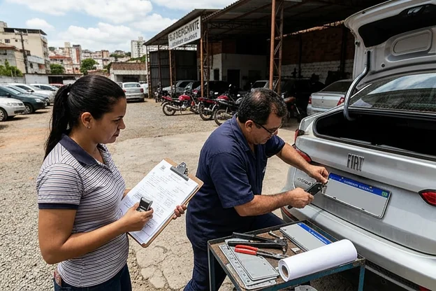 Equipe trabalhando no emplacamento de veículos em um despachante.