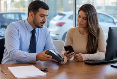 Profissionais ajudando clientes no pagamento de débitos de veículos em um despachante.