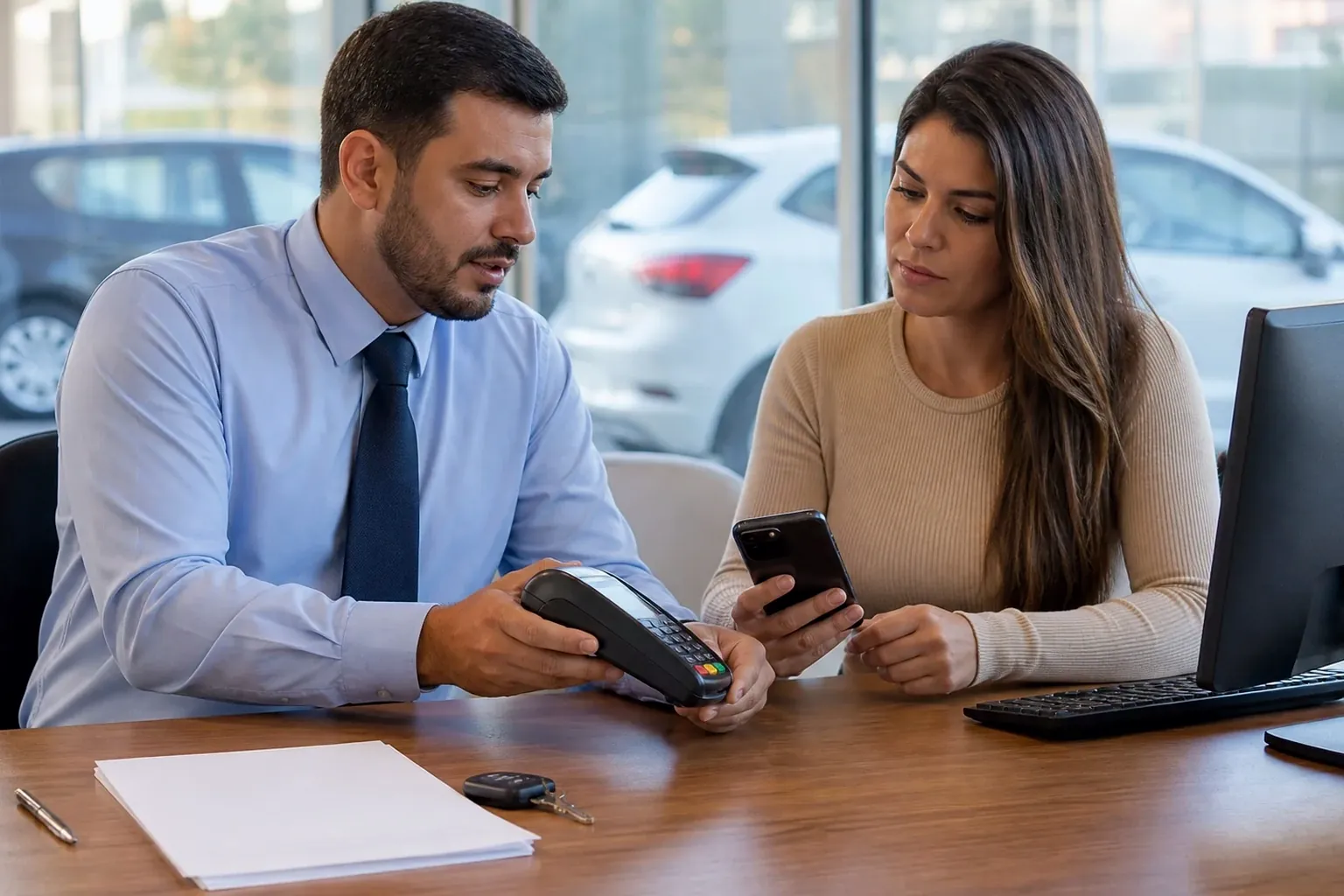 Profissionais ajudando clientes no pagamento de débitos de veículos em um despachante.